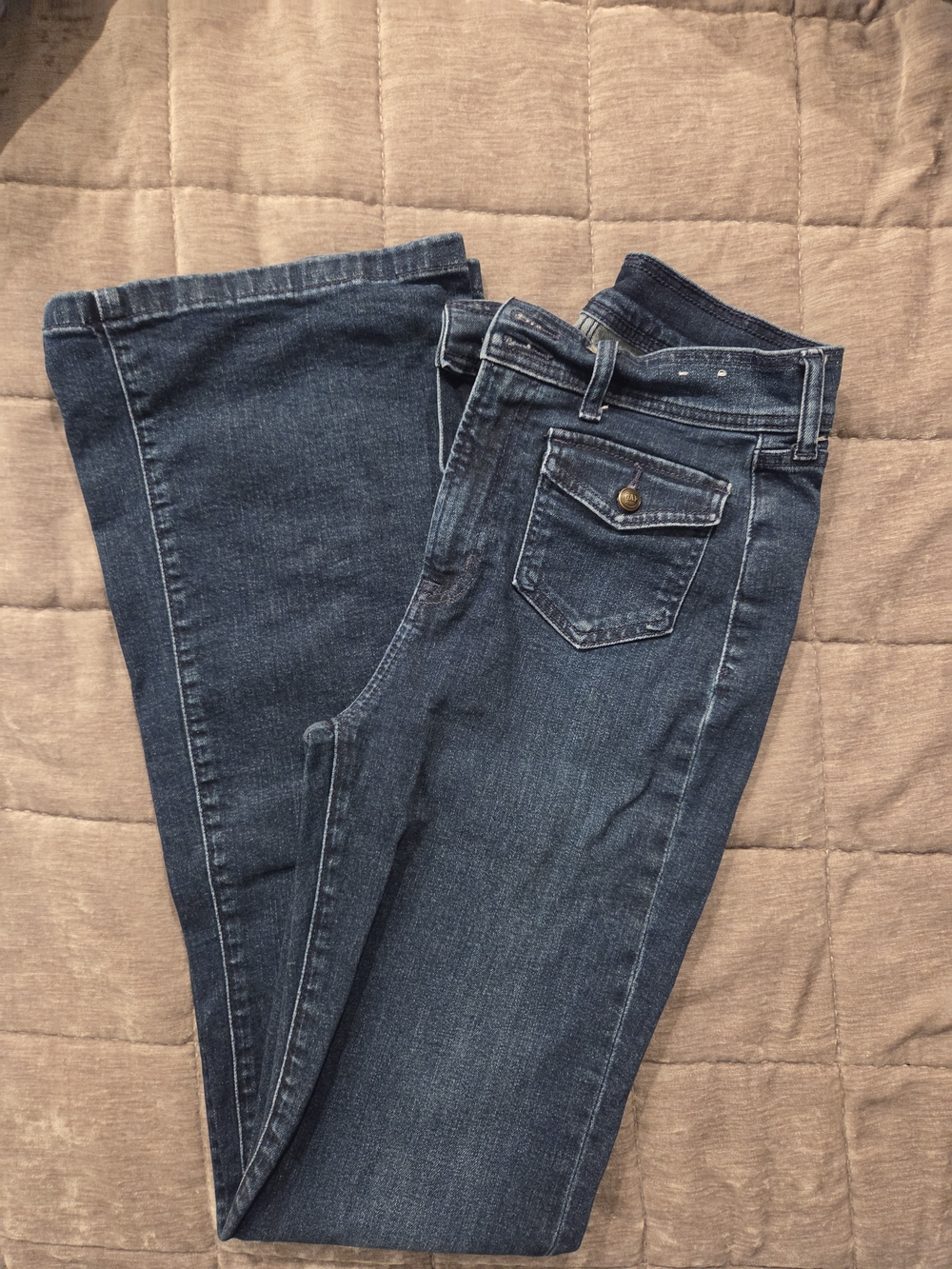GAP Dark Blue 70s Flare High Rise Jeans with Flap Back Pockets Size 29/8T - Picture 2 of 4